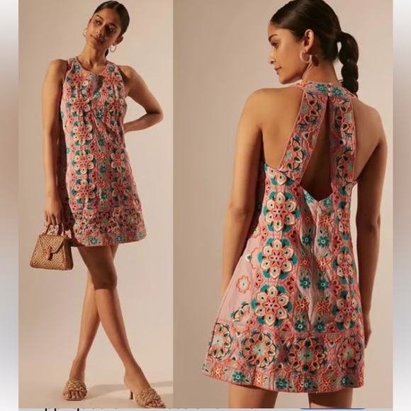 ANTHROPOLOGIE EMBROIDERY & APPLIQUED SHIFT DRESS SIZE 12 PINK ORANGE - Picture 3 of 16